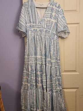 Light Blue & White V-Neck Tiered Maxi Dress by Baltic Born